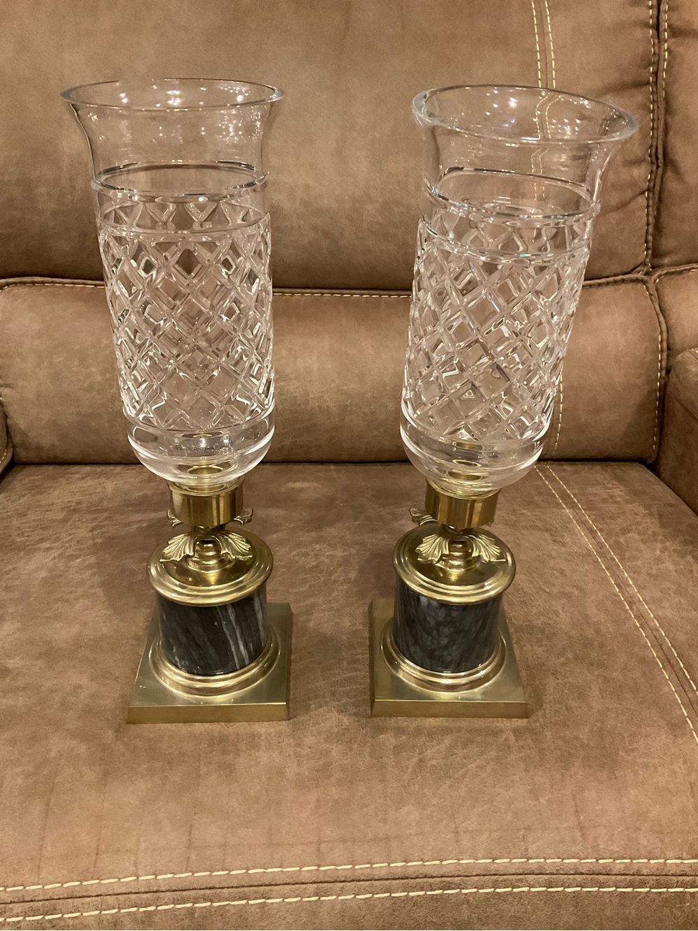 Antique Crystal Hurricane Lamp Candle holders with Marble and Brass Base